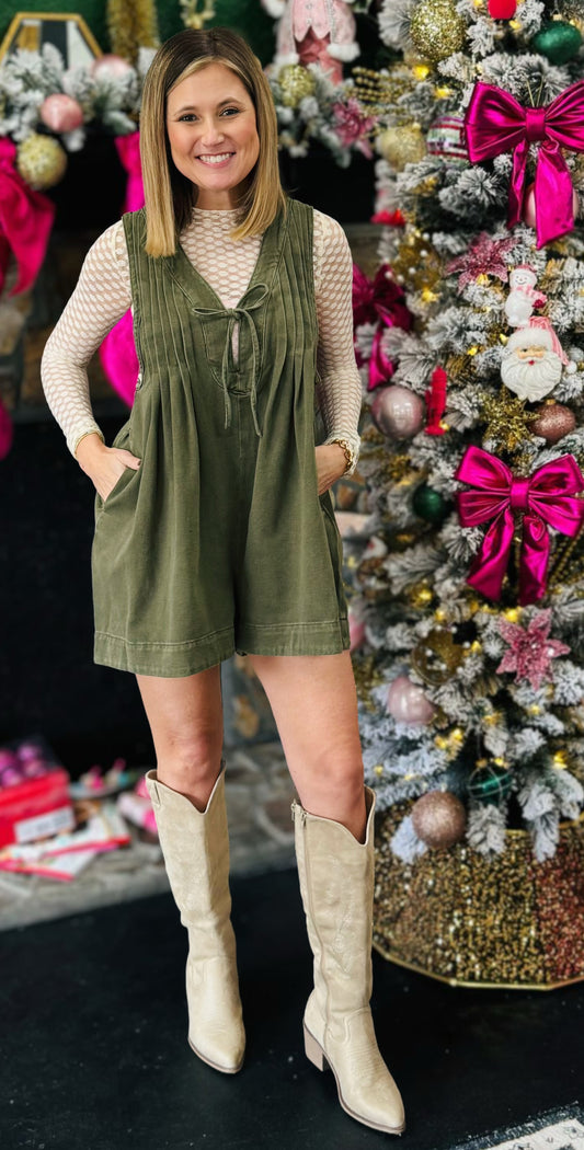 Rosie Denim Romper in Olive Green