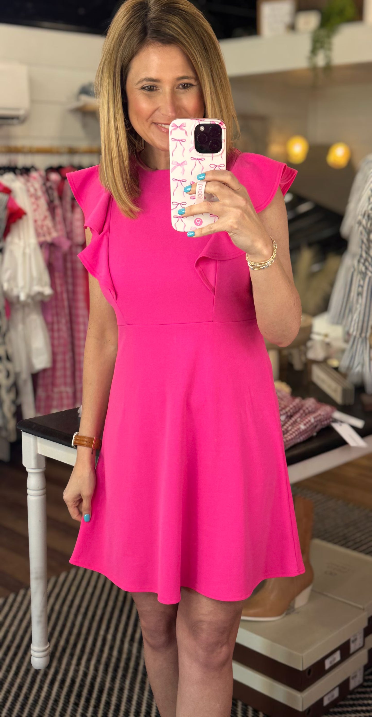 Jill Ruffle Sleeve Dress in Hot Pink