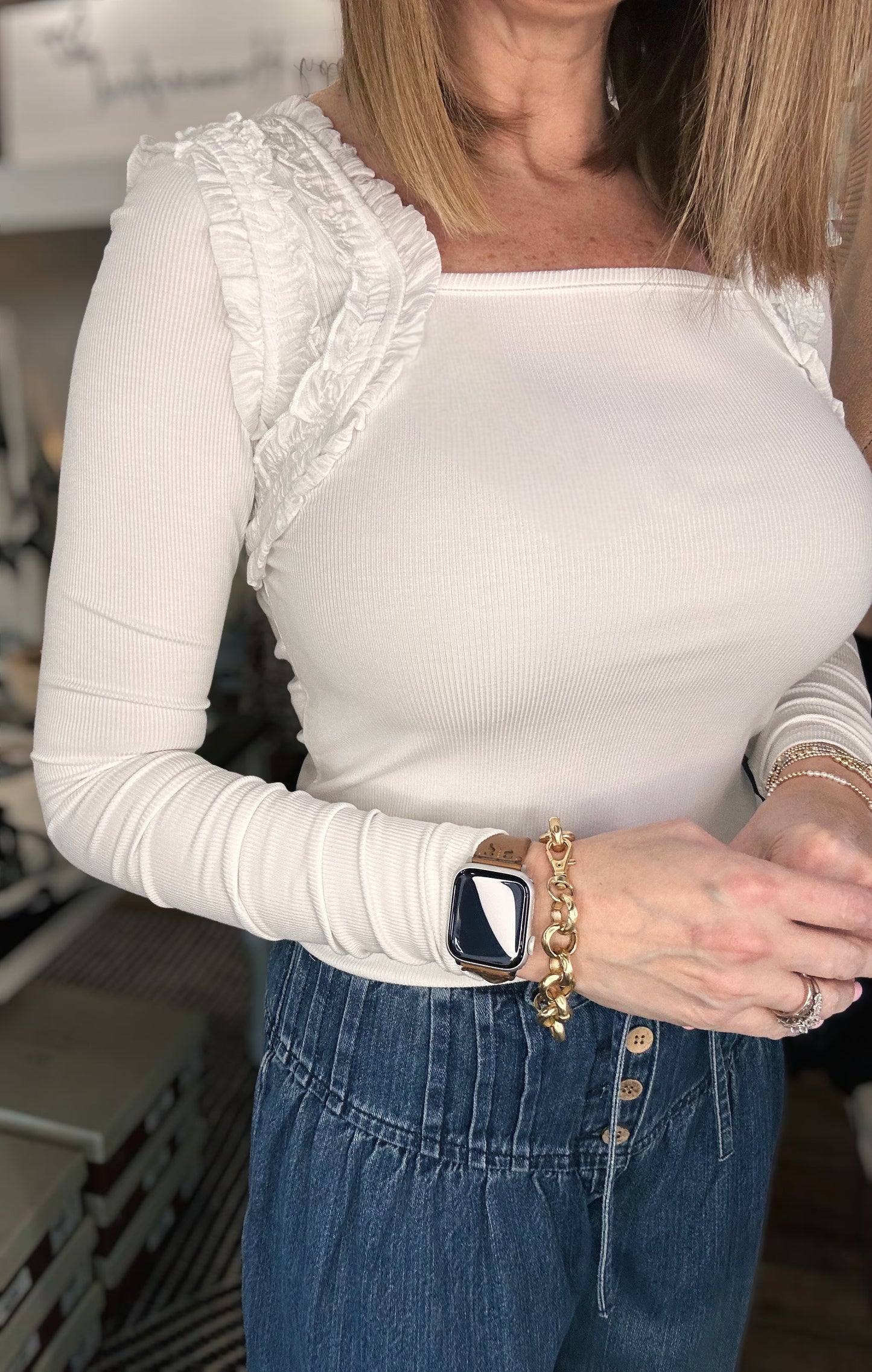 Laura Ruffle Accent Top in Cream