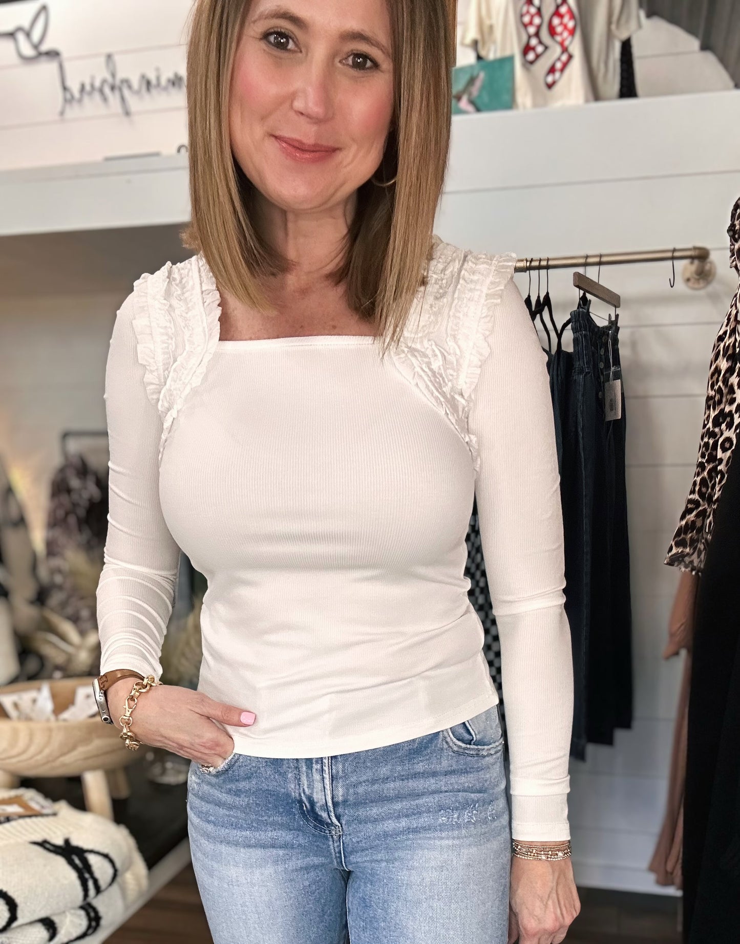 Laura Ruffle Accent Top in Cream