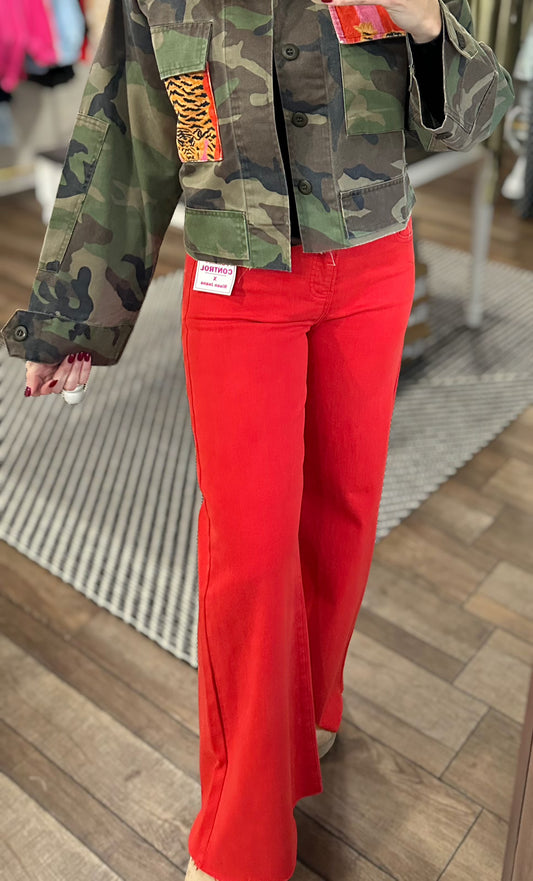 Festive Wide Leg Risen Denim in Red