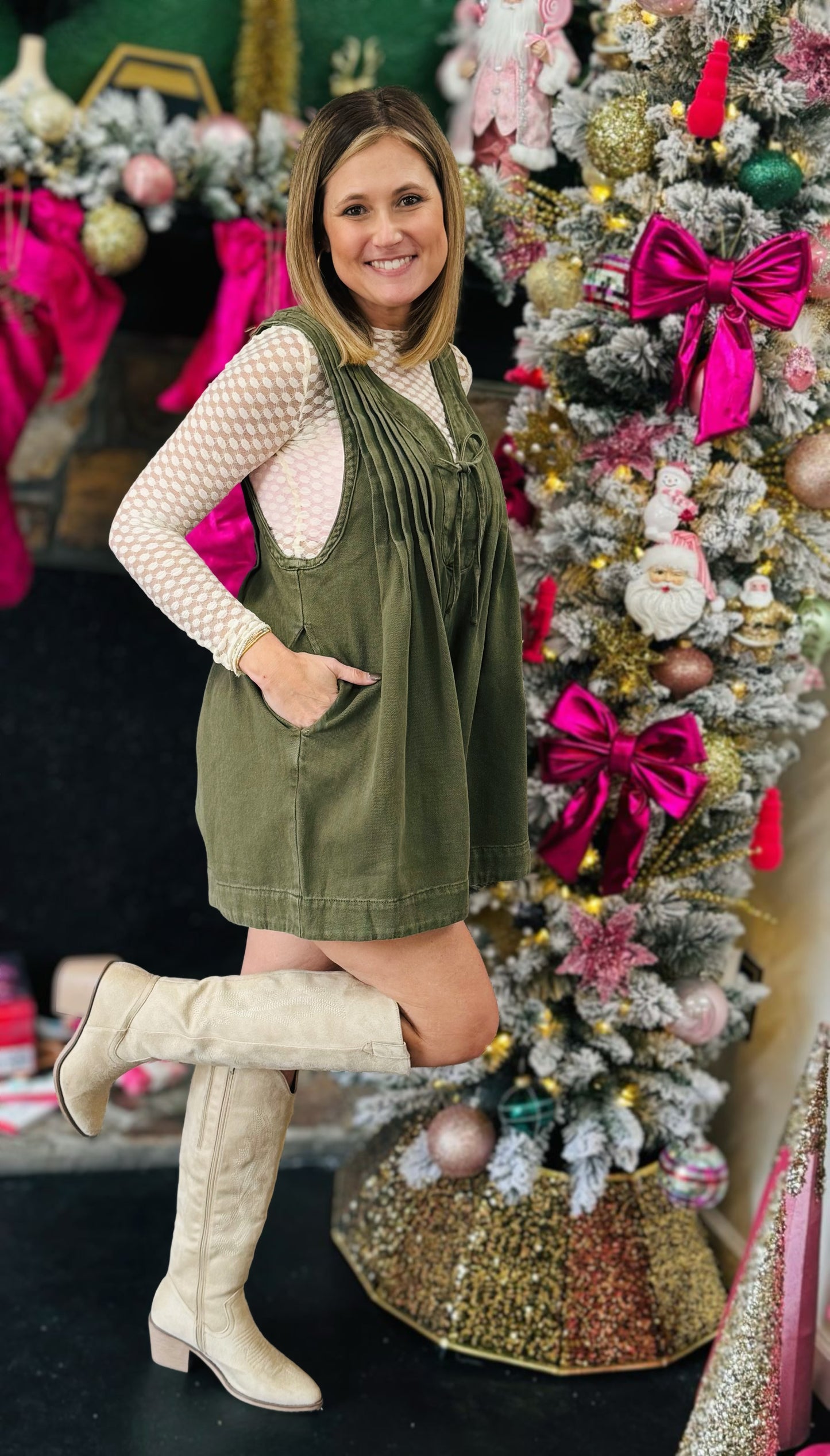Rosie Denim Romper in Olive Green