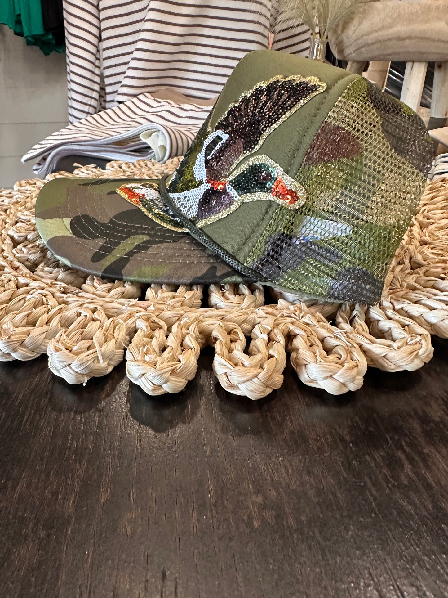 Camo Sequin Flying Mallard Trucker Hat