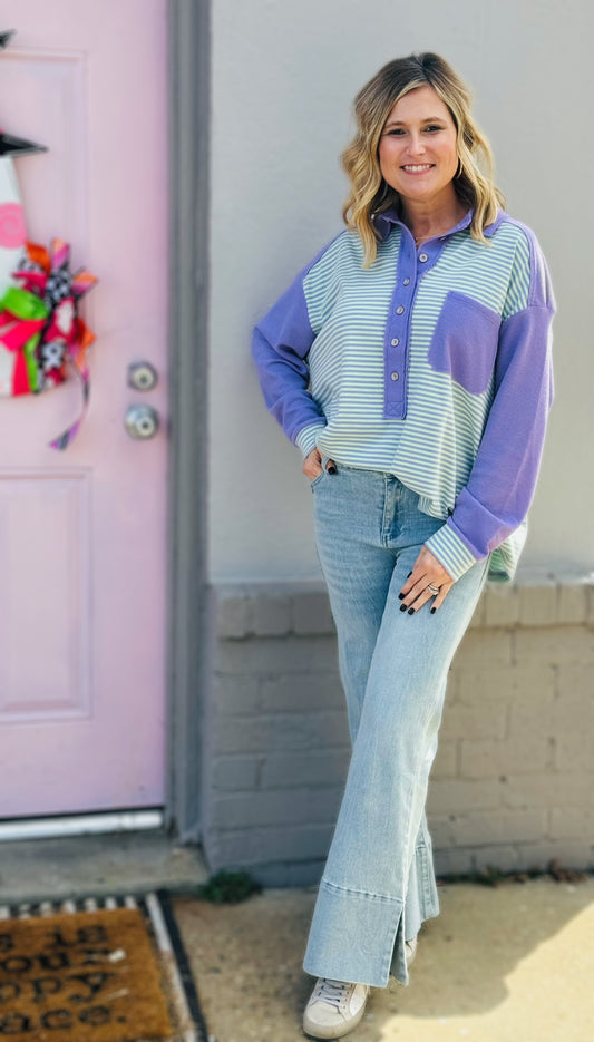 Kaysie Striped Henley in Lilac