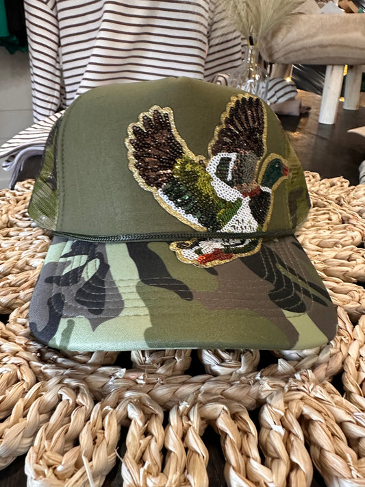 Camo Sequin Flying Mallard Trucker Hat