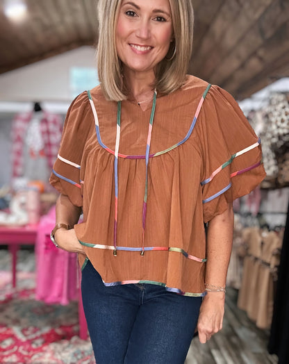 Ginger (Pop of Color) Top in Camel