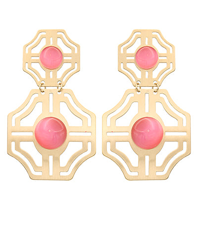 Brass Cutout and Stone Dangle Earrings in Pink