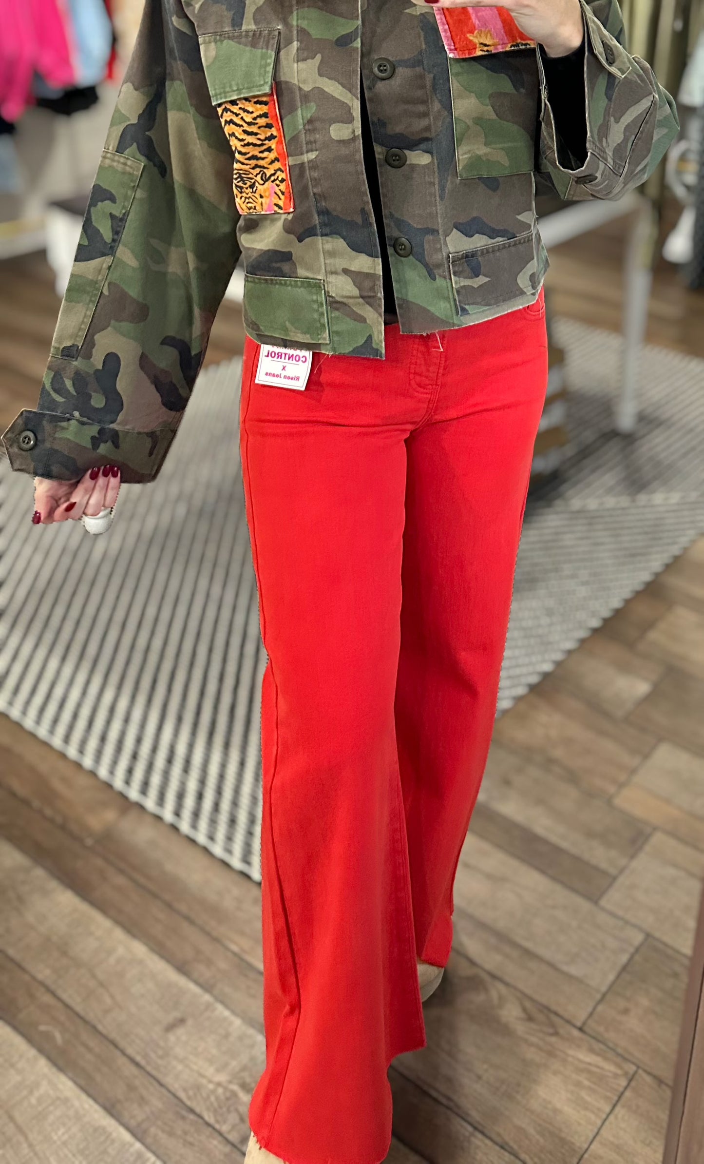 Festive Wide Leg Risen Denim in Red