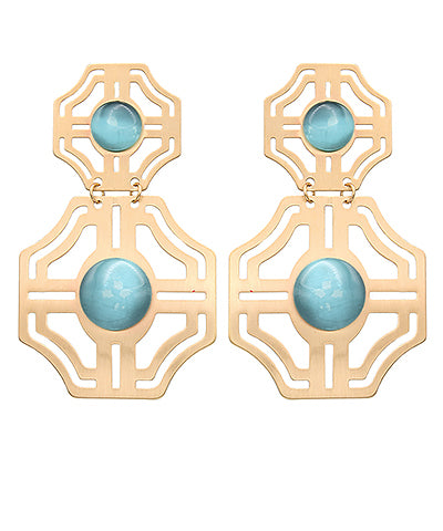 Brass Cutout and Stone Dangle Earrings in Light Blue