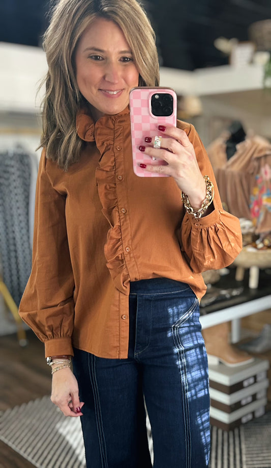 Chestnut Charm Ruffle Button Down