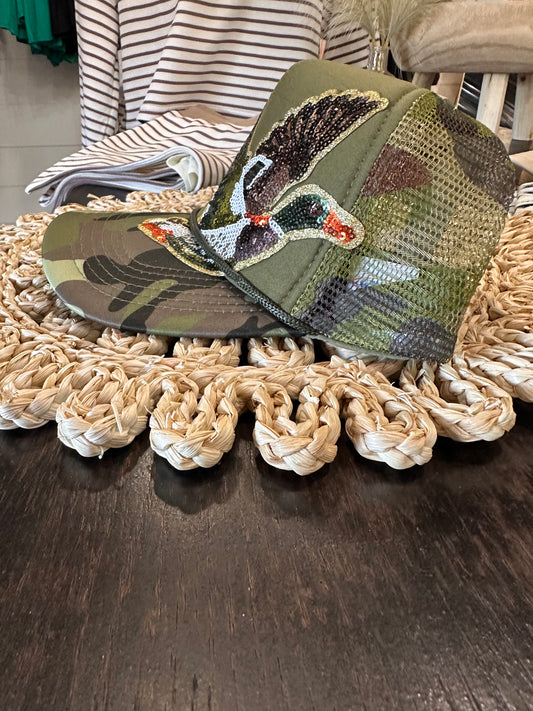 Camo Sequin Flying Mallard Trucker Hat