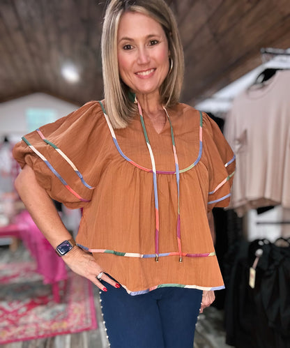 Ginger (Pop of Color) Top in Camel