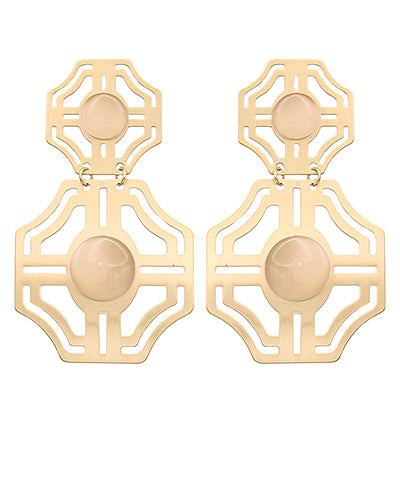 Brass Cutout and Stone Dangle Earrings in Ivory