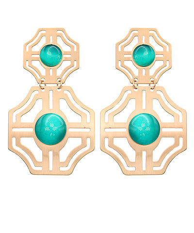 Brass Cutout and Stone Dangle Earrings in Turquoise