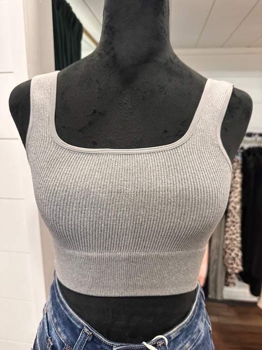 Lizzy Ribbed Square Neck Cropped Tank (Grey)
