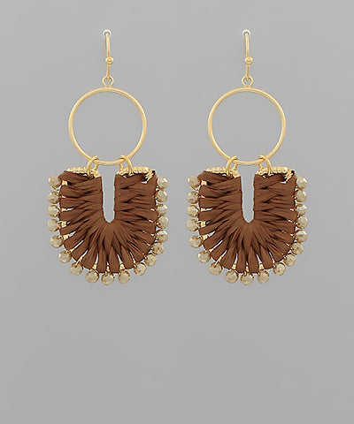 U Shape Raffia Earrings in Brown