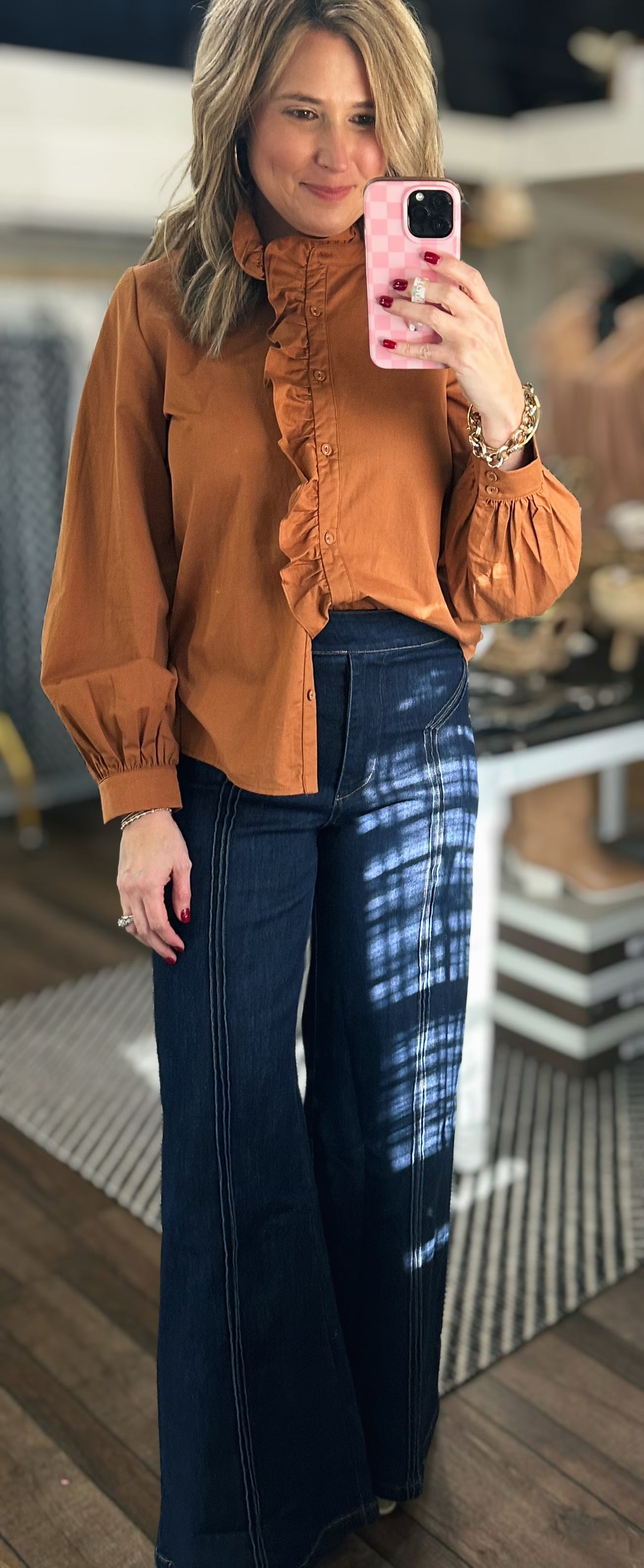 Chestnut Charm Ruffle Button Down