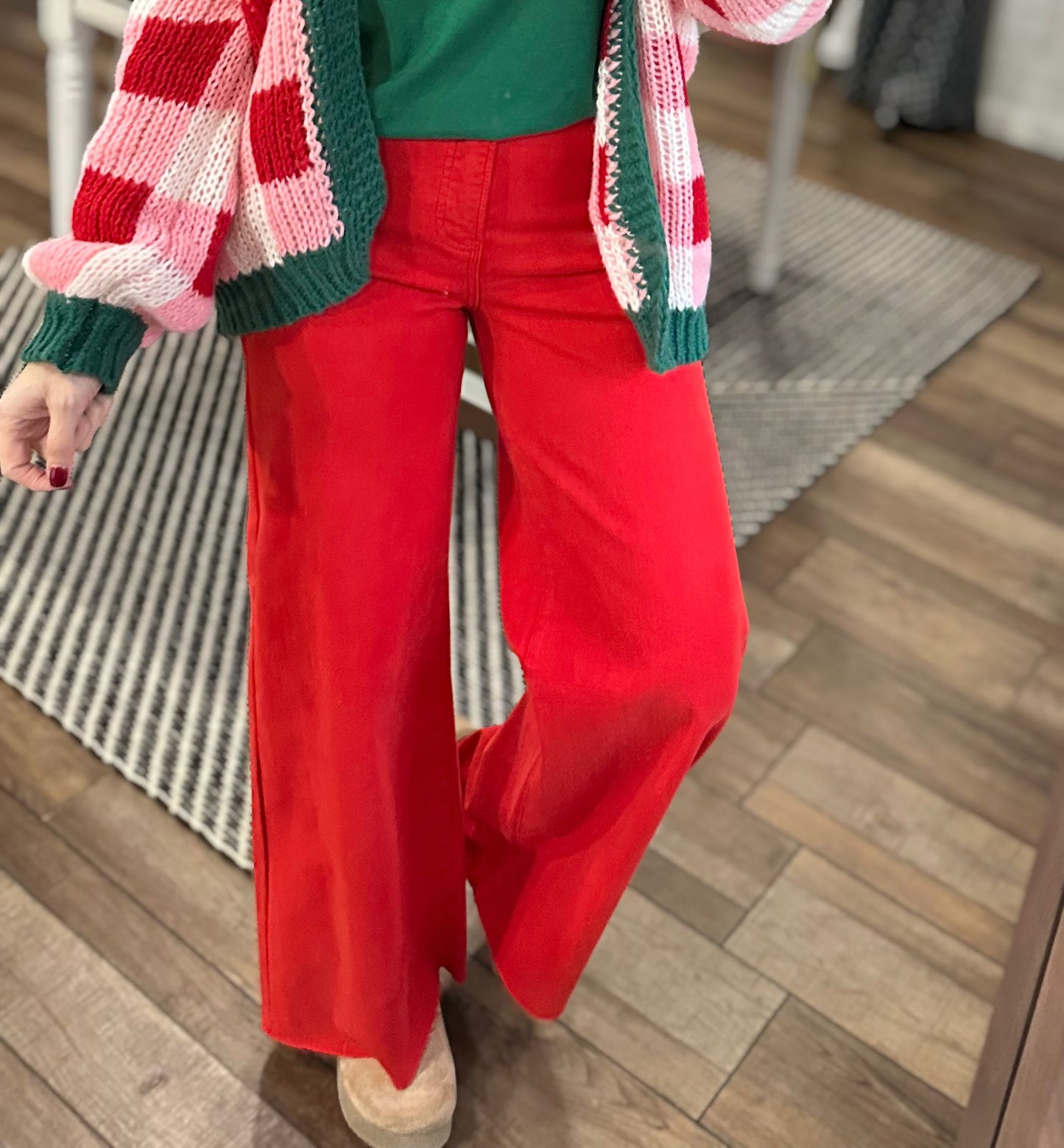 Festive Wide Leg Risen Denim in Red